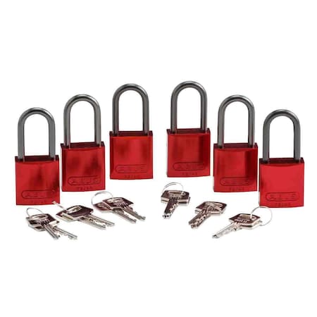 Brady Padlock, Keyed Different, Aluminum, Red, 6 PK 51370